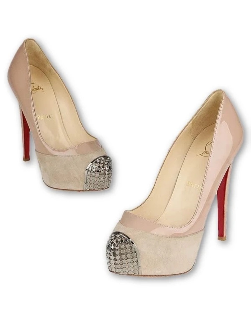 Christian Louboutin Blush Patent and Beige Suede Platform Pumps with Silver Cap